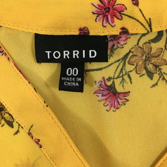 Torrid 00 M/L 10 Yellow Floral Hi-Low Sheer Summer Dress Short Sleeves - Picture 5 of 5
